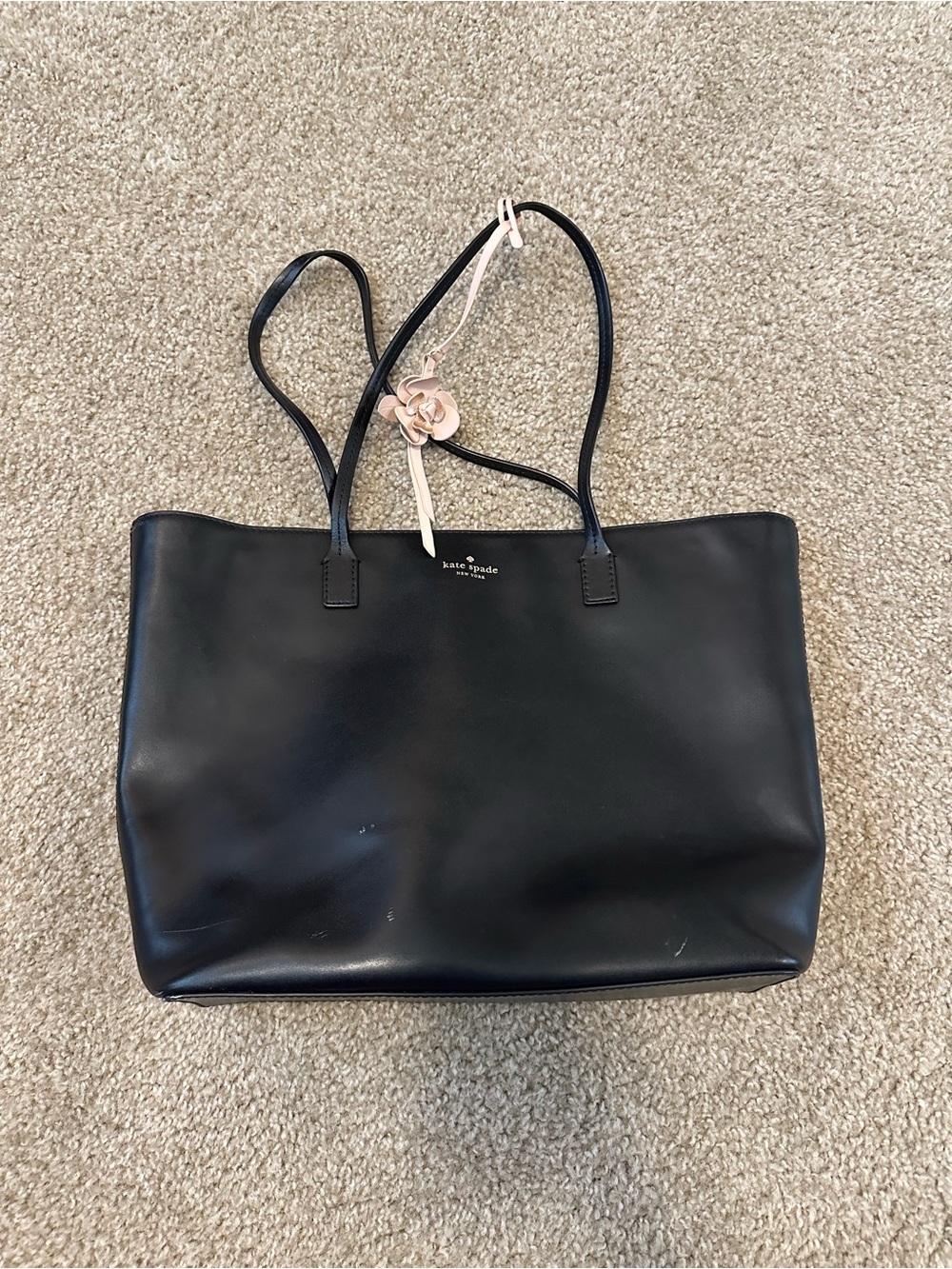 kate spade Black Leather Tote with Floral Charm